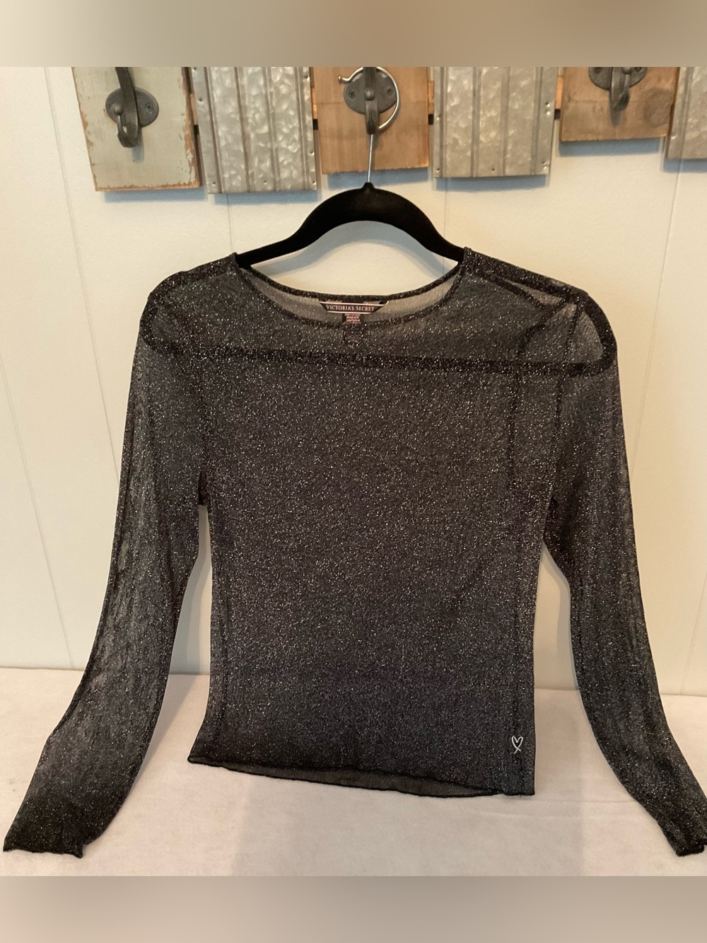 Victoria's Secret Black Silver Metallic Sheer Long-Sleeve Top